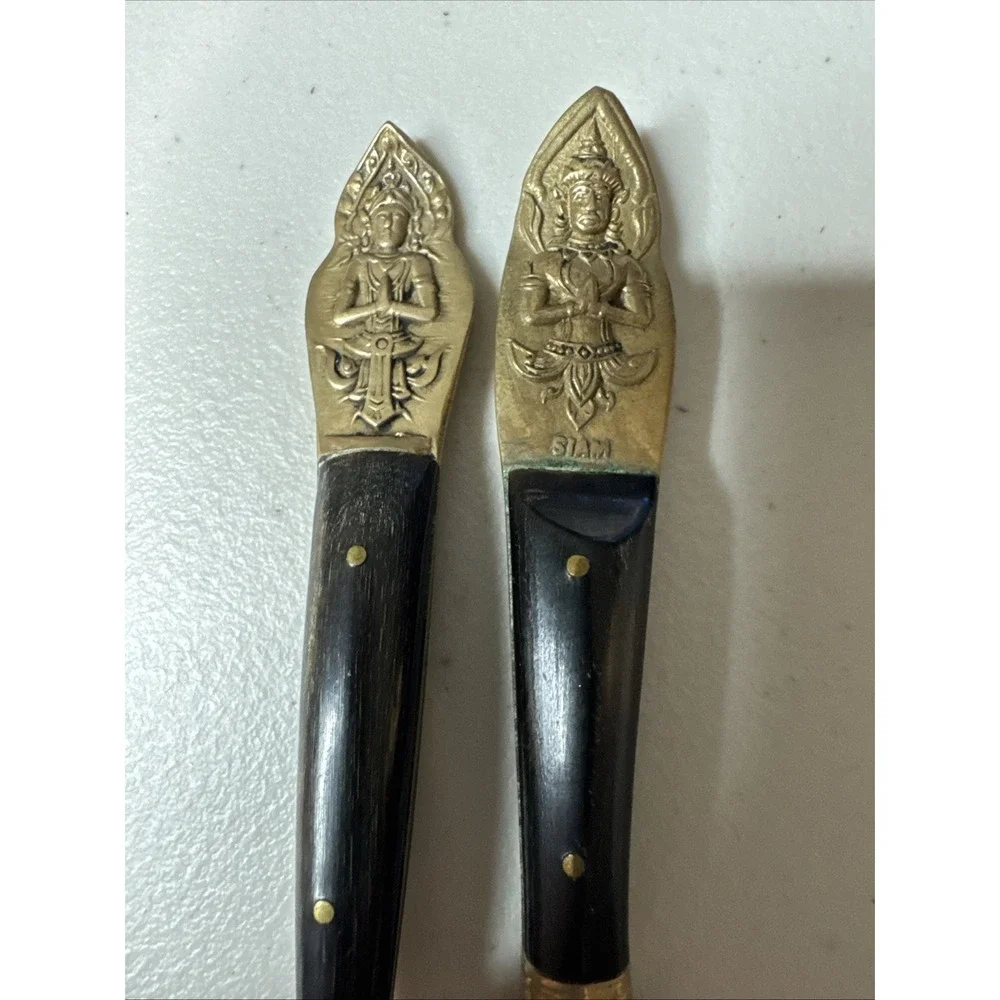 Siam Thailand Praying Buddha Brass Wood Fork Knife‎ 6